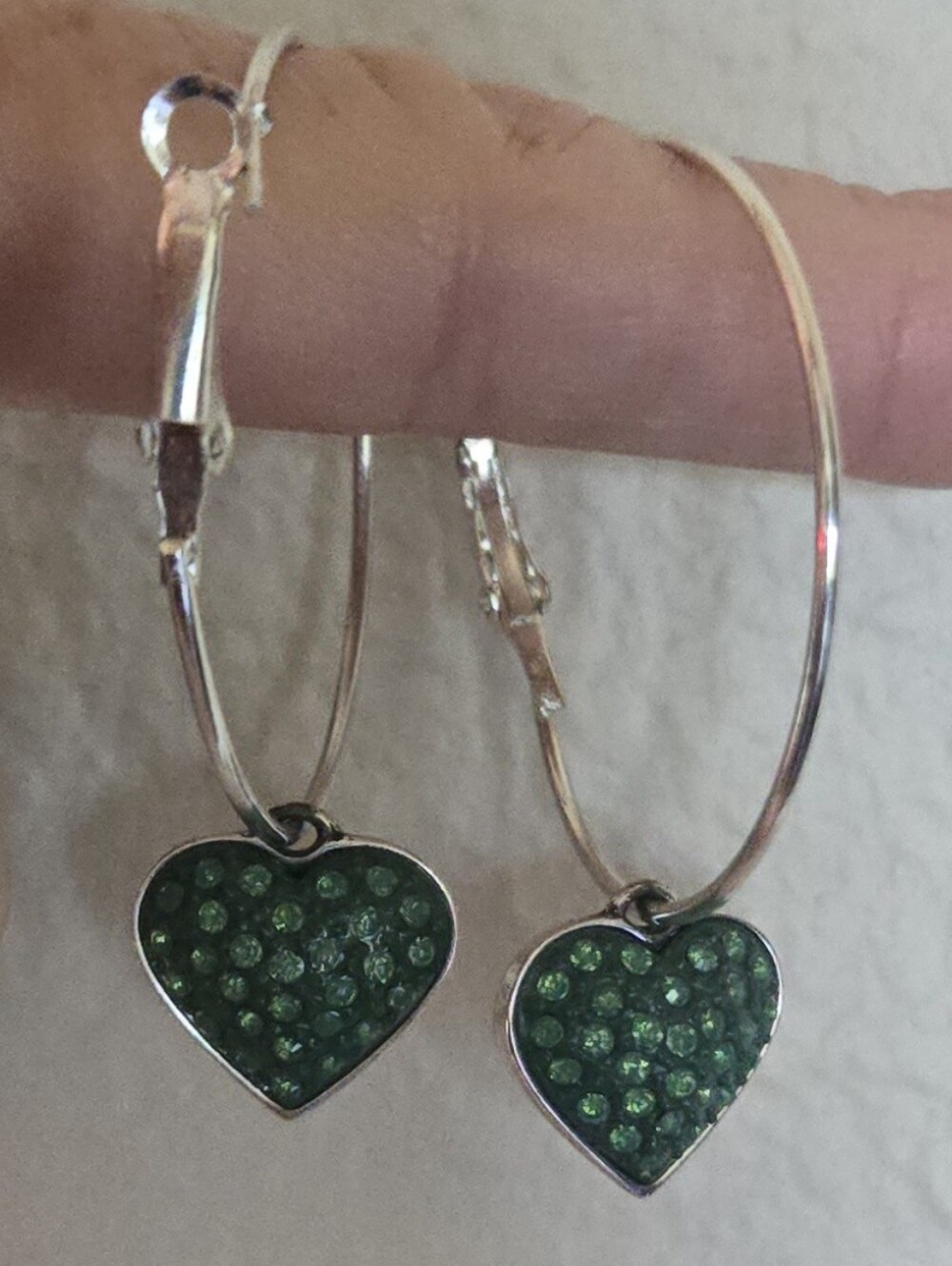 Brighton Cupid's Kiss. Reversible hoop earrings w/heart pendant. Green / Silver